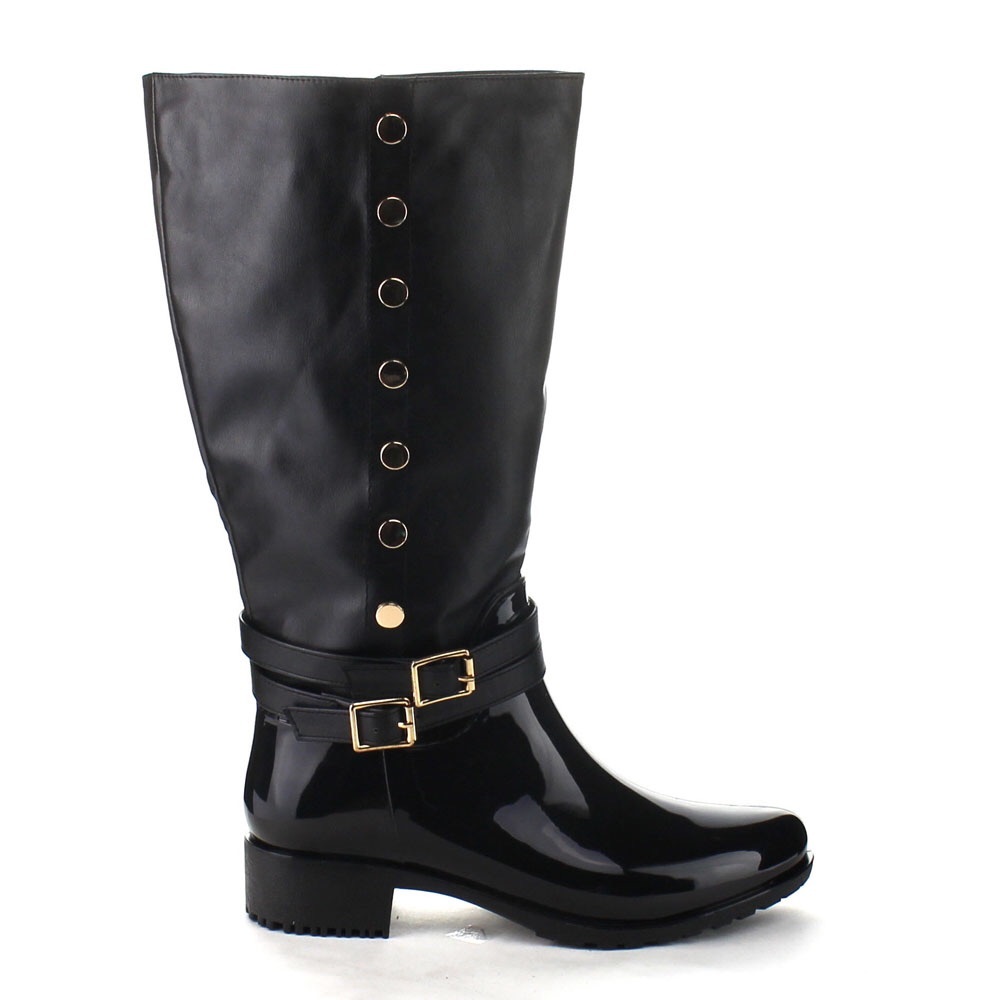 Two tone knee high buckle rain boot